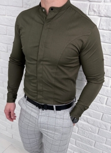 Koszula khaki ze stójką z krytą plisą 0126/36