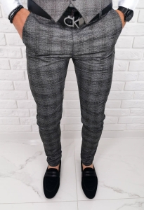 Ciemnoszare bawełniane spodnie slim fit w kratę 01