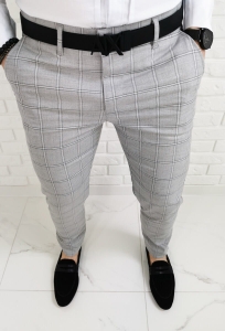 Szare eleganckie męskie spodnie slim fit w kratę 1475