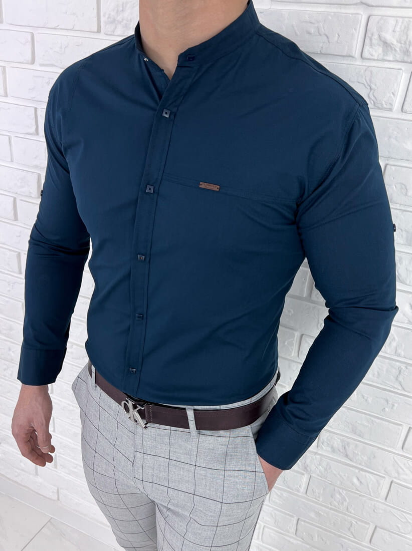 Granatowa męska koszula slim fit zapinana na napy 0299
