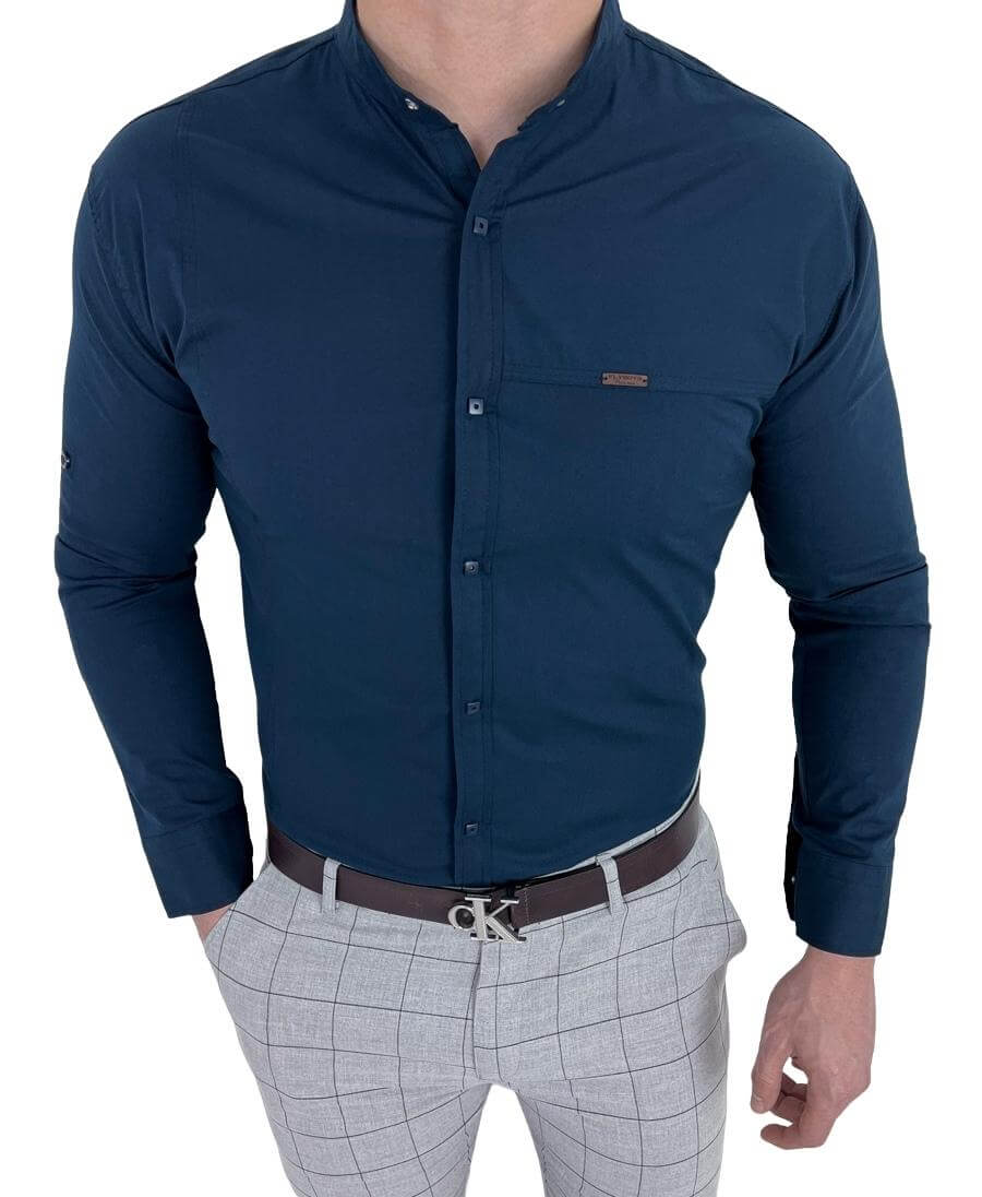 Granatowa męska koszula slim fit zapinana na napy 0299