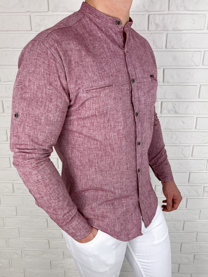 Bordowa bawełniana koszula slim fit ze stójką kieszonki 0282/56