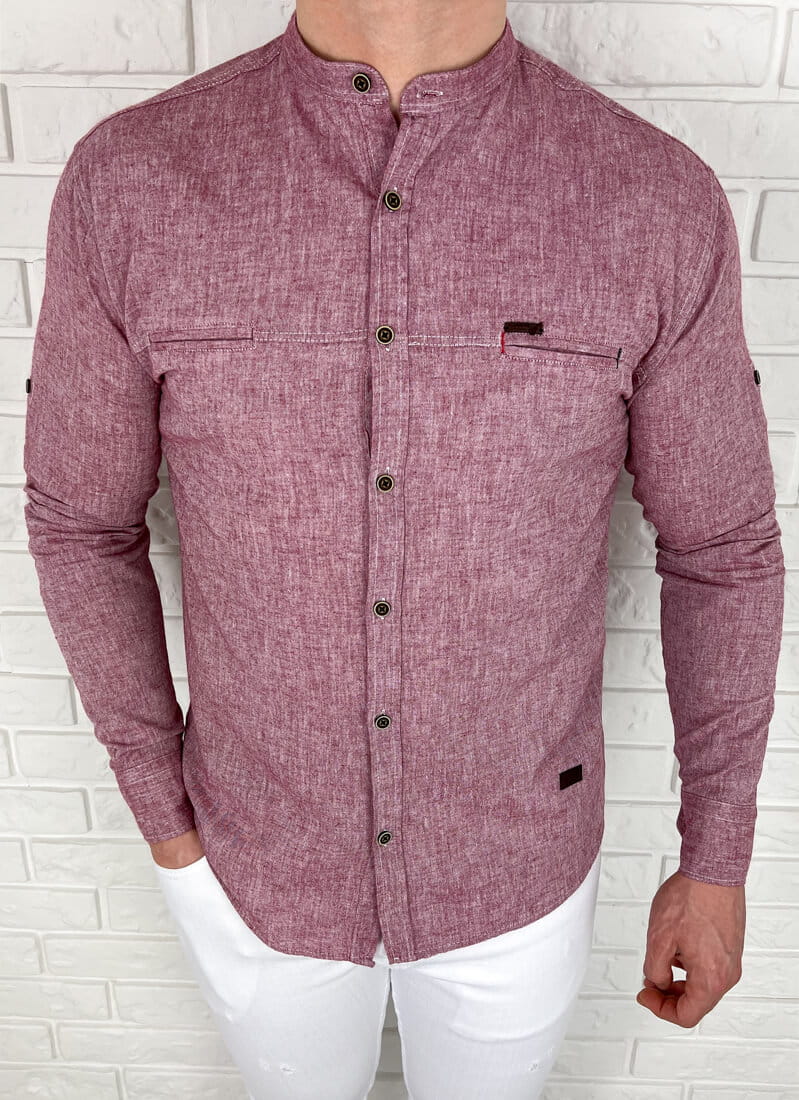 Bordowa bawełniana koszula slim fit ze stójką kieszonki 0282/56