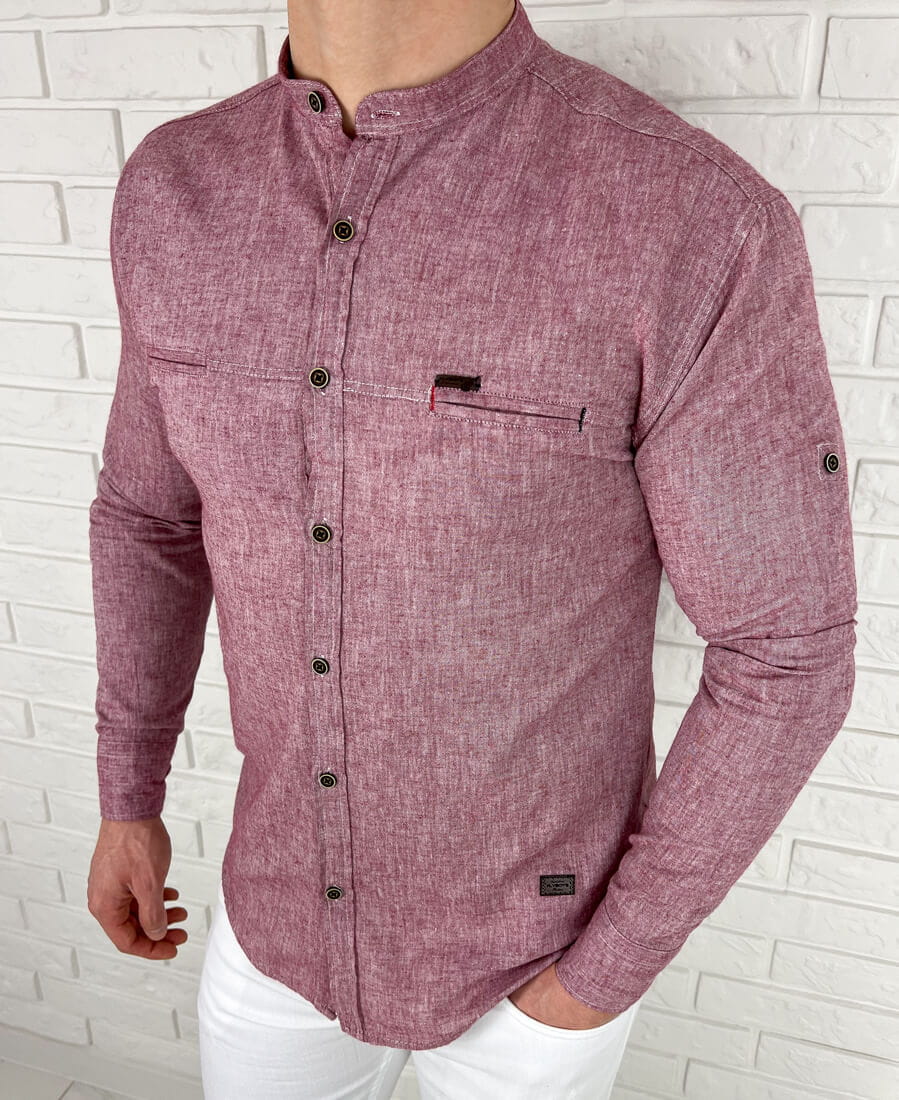Bordowa bawełniana koszula slim fit ze stójką kieszonki 0282/56
