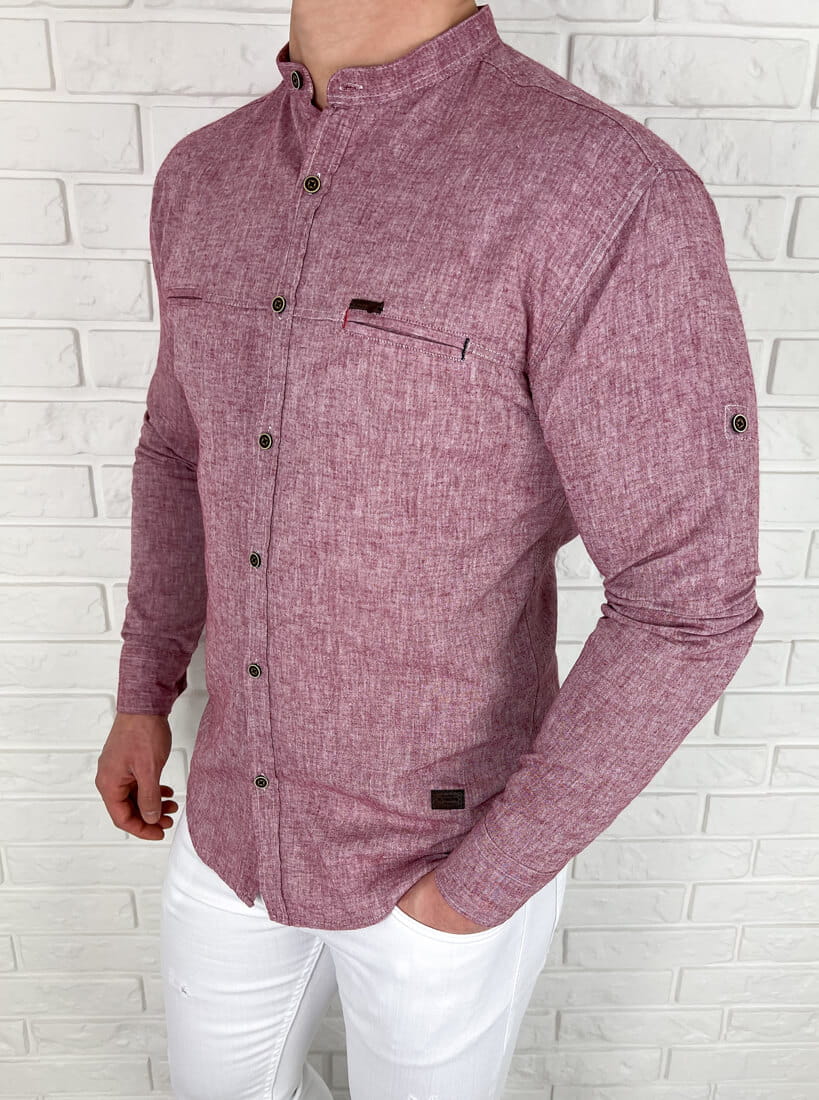 Bordowa bawełniana koszula slim fit ze stójką kieszonki 0282/56