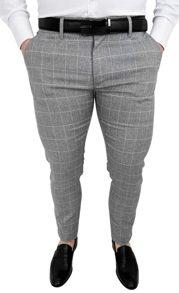 Szare eleganckie bawelniane spodnie slim fit w biala krate M4
