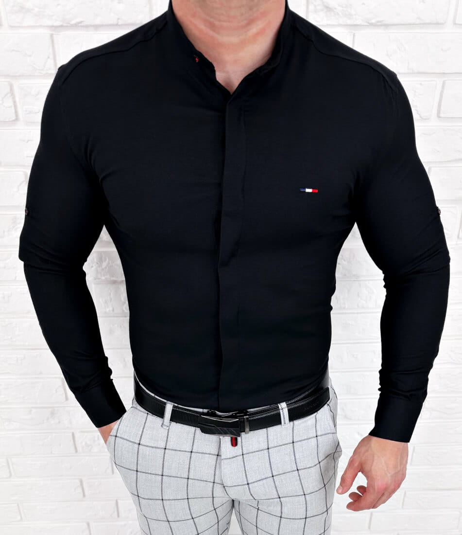 Koszula czarna ze stójką męska z krytą plisą slim fit oxford logo 2008