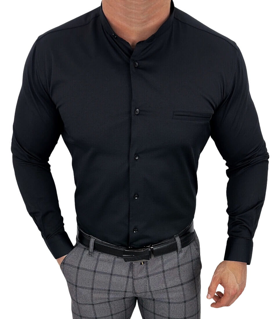 Czarna koszula meska ze stojka slim fit kieszonka Rs-684