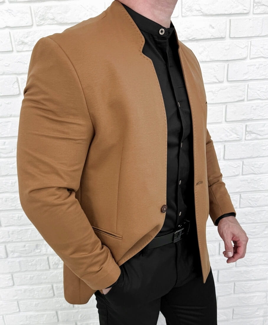 Marynarka męska camel ze stójką casual slim fit 1774