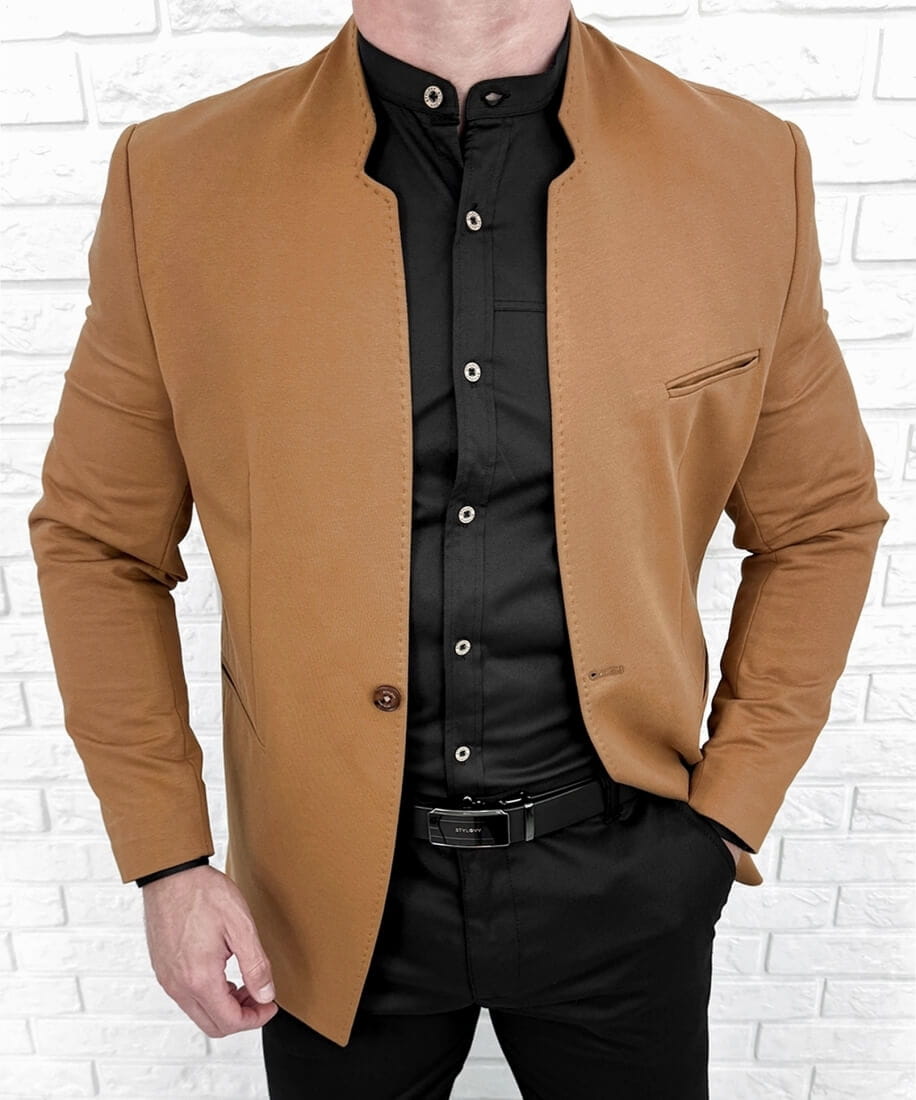 Marynarka męska camel ze stójką casual slim fit 1774