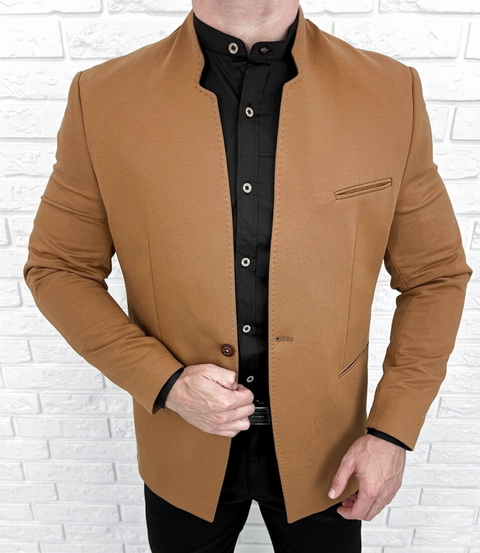 Marynarka męska camel ze stójką casual slim fit 1774