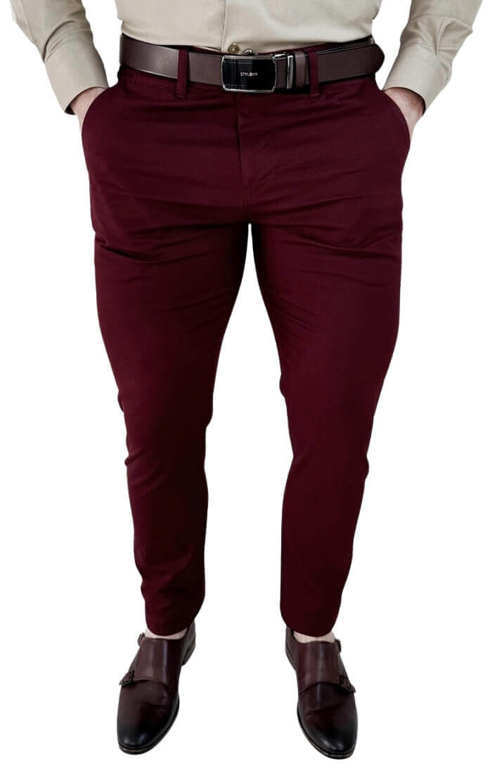 Spodnie meskie materialowe chinosy bordowe slim fit 3018