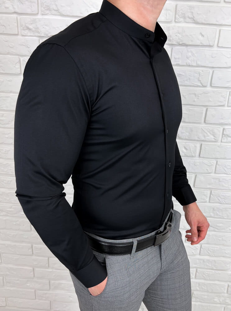 Czarna koszula męska ze stójką slim fit Rs-1180