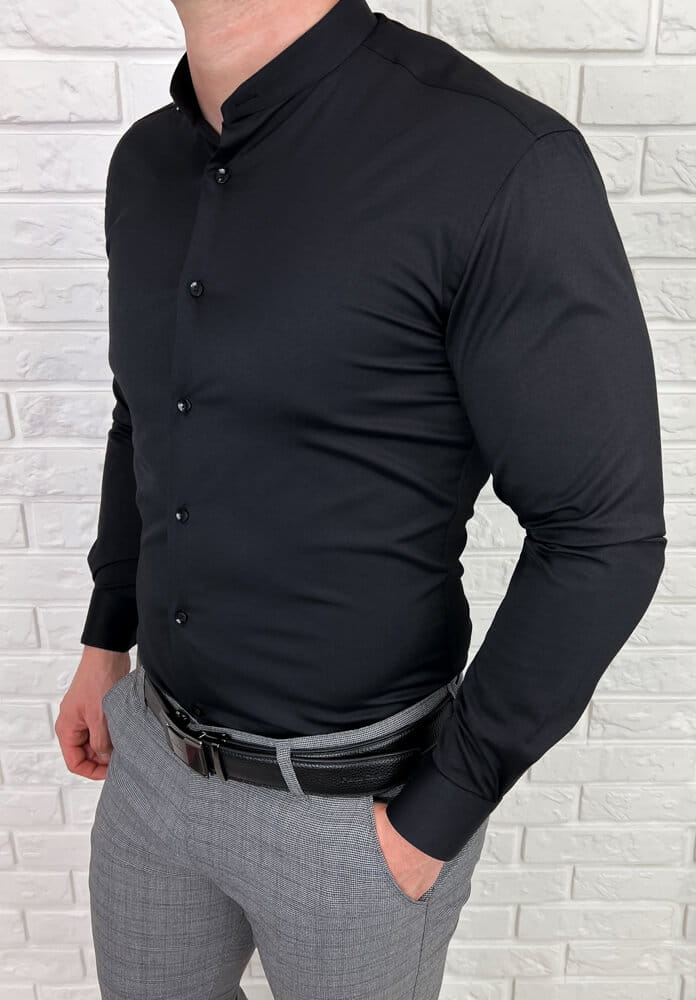 Czarna koszula męska ze stójką slim fit Rs-1180