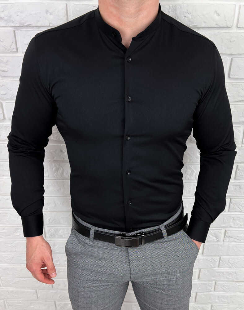 Czarna koszula męska ze stójką slim fit Rs-1180
