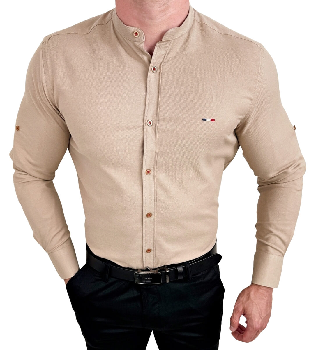 Koszula męska beżowa oxford ze stójka slim fit logo 2006