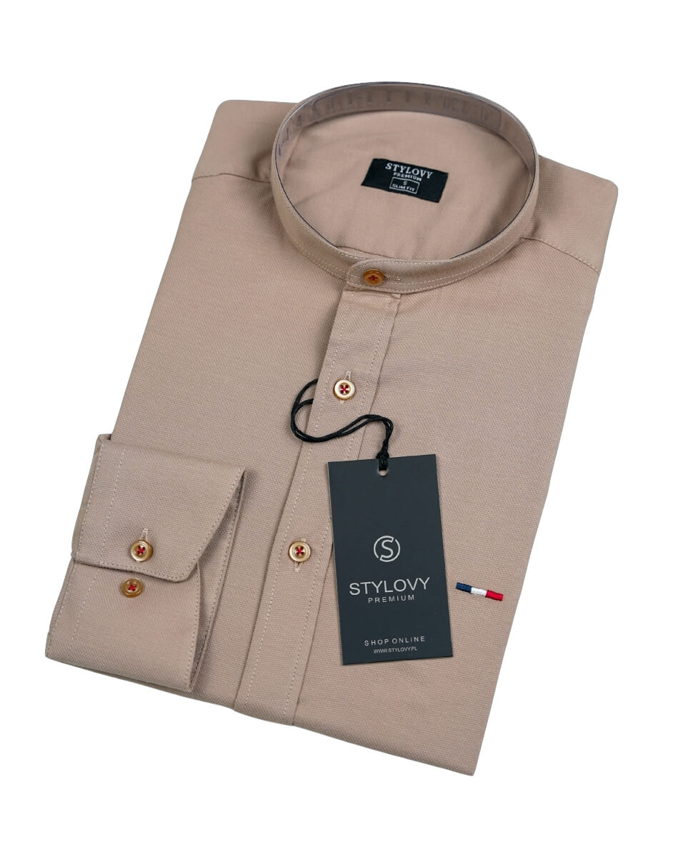 Koszula męska beżowa oxford ze stójka slim fit logo 2006