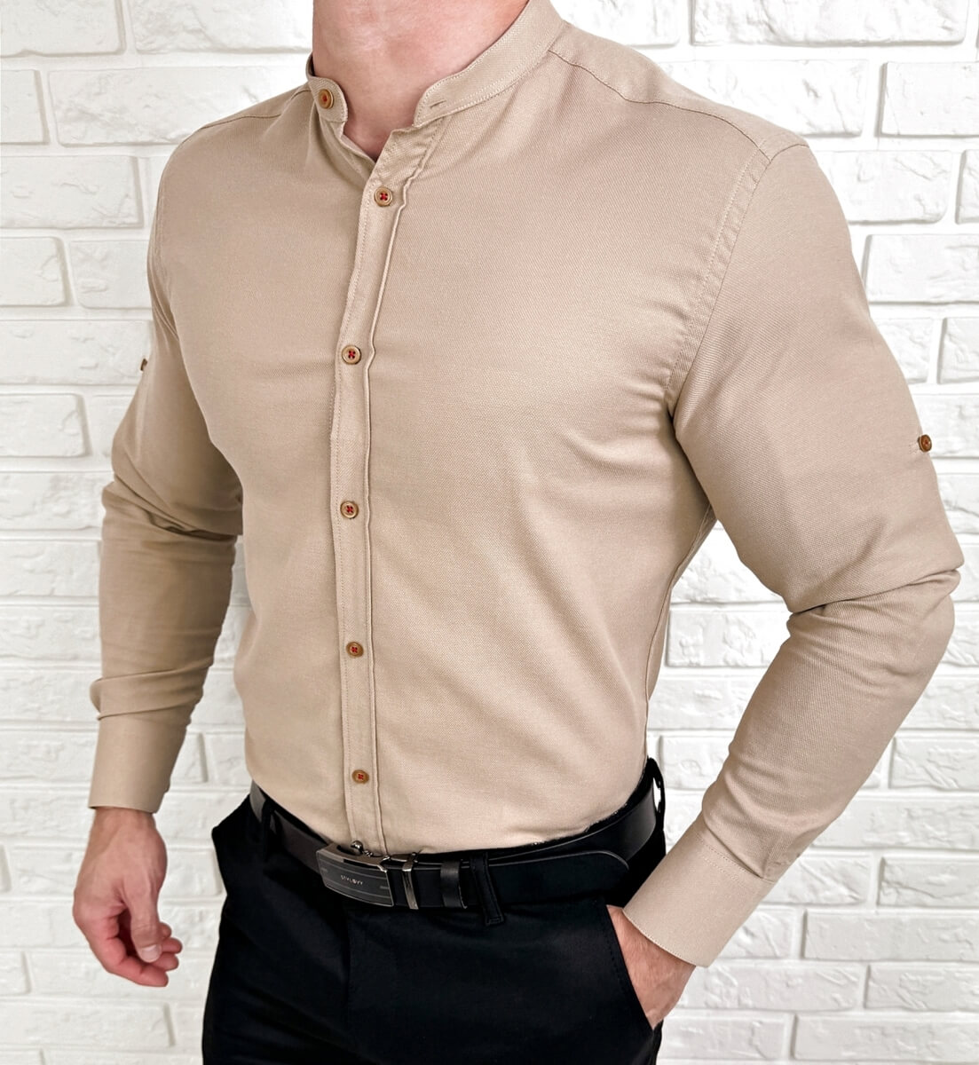 Koszula męska beżowa oxford ze stójką slim fit 1999