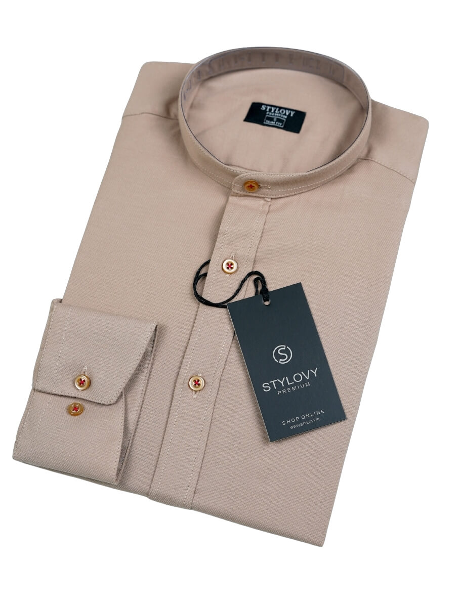 Koszula męska beżowa oxford ze stójką slim fit 1999