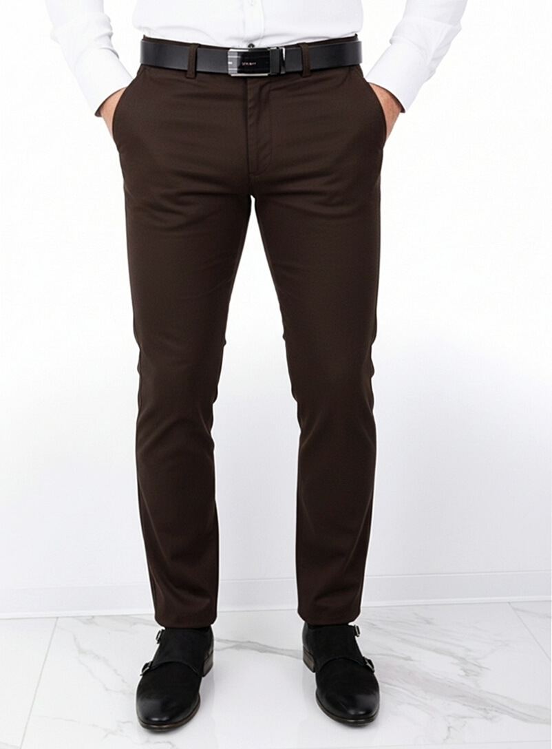 Czekoladowe spodnie męskie materiałowe chinosy czekolada slim fit M-100 5100
