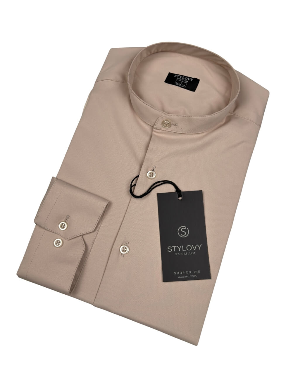 Beżowa koszula męska slim fit ze stójką RS-1180