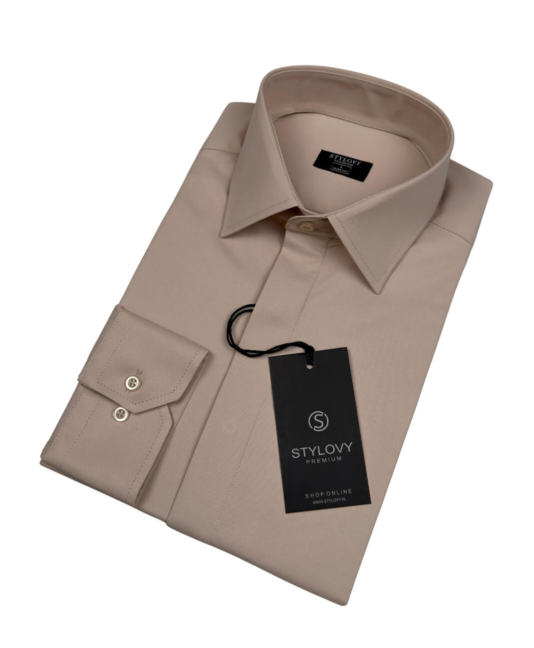 Beżowa koszula męska slim fit z kołnierzem i krytą plisą RS-1070