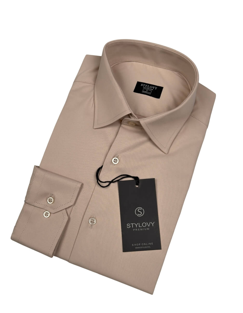 Beżowa koszula męska slim fit z kołnierzem RS-1000