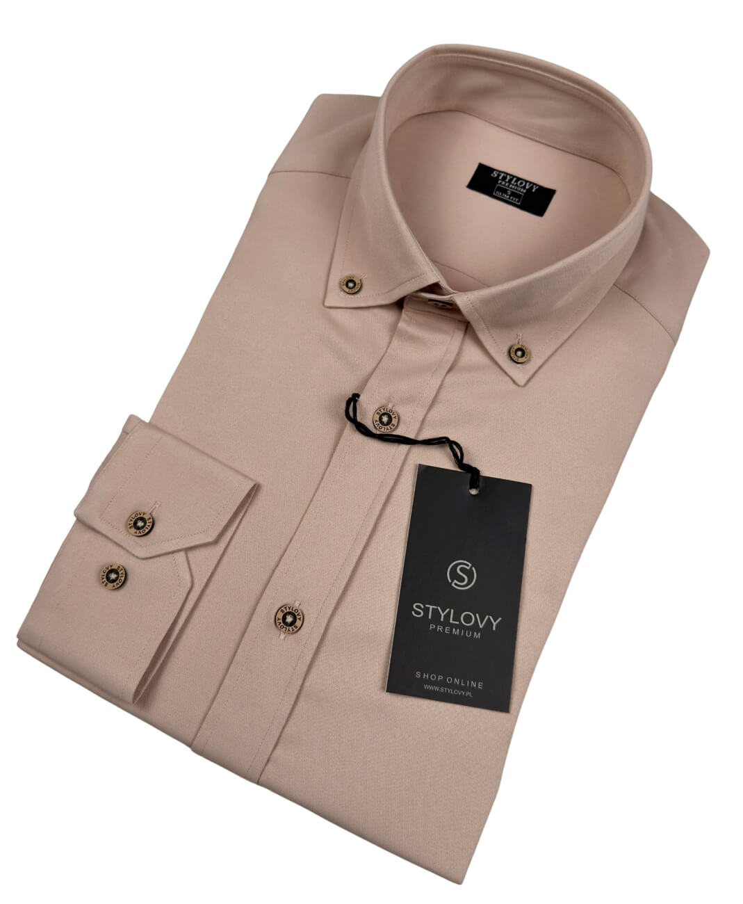 Beżowa koszula męska slim fit z ozdobnym kołnierzem S-1544
