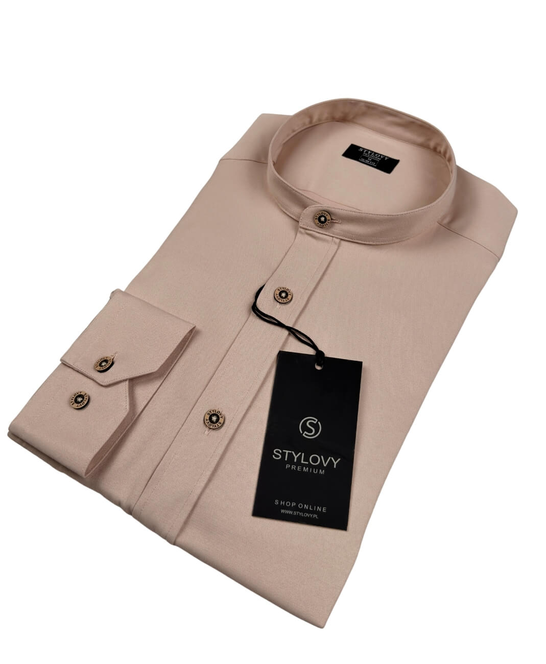 Beżowa koszula męska slim fit ze stójką S-1444