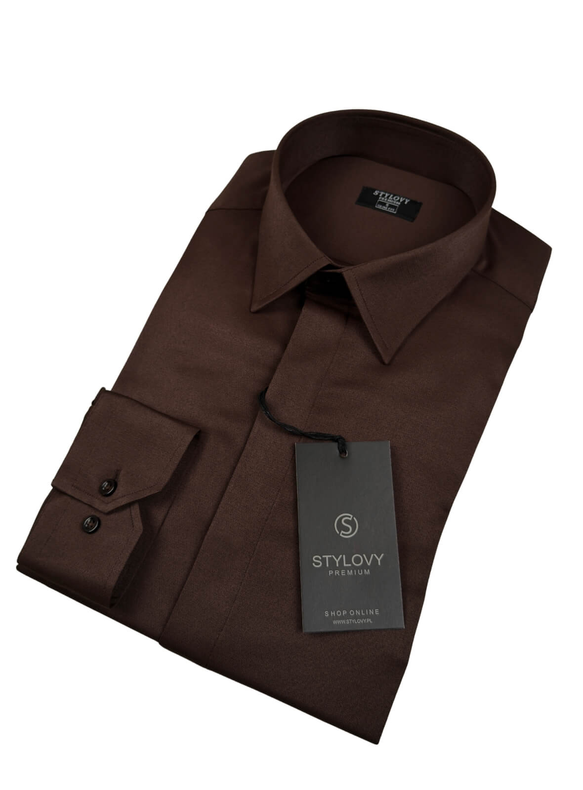 Brązowa koszula męska z kołnierzem czekoladowa slim fit z kryta plisą RS-1070