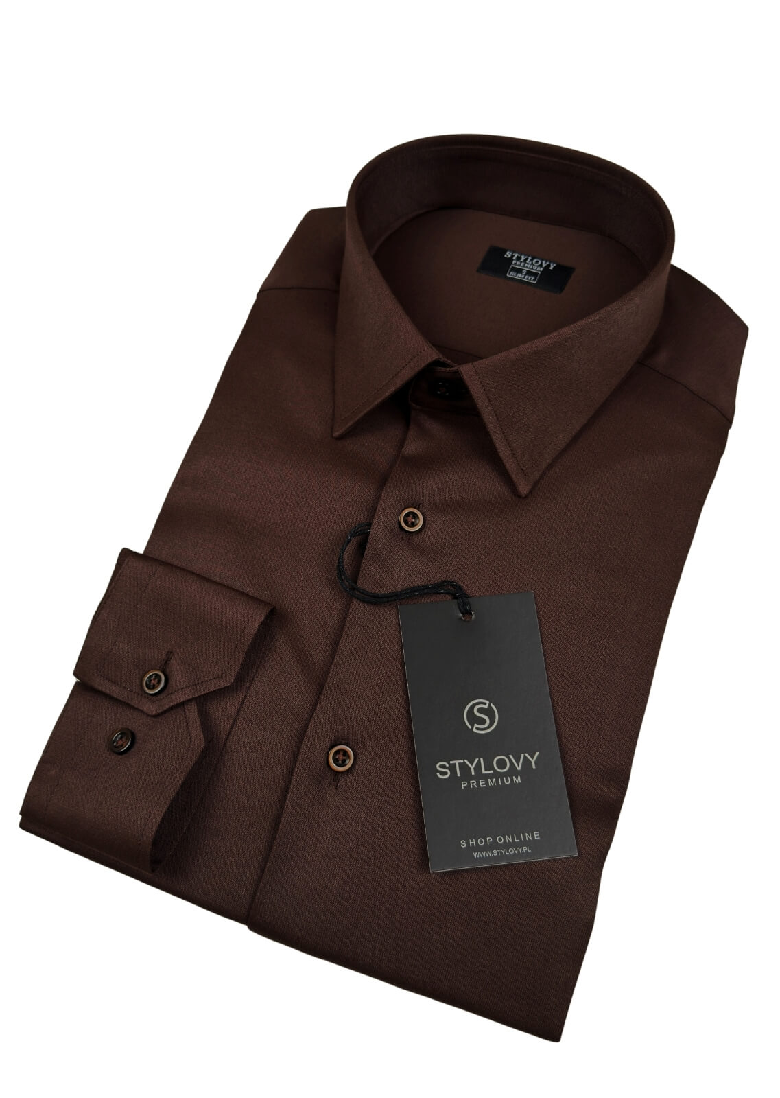 Brązowa koszula męska z kołnierzem czekoladowa slim fit RS-1000