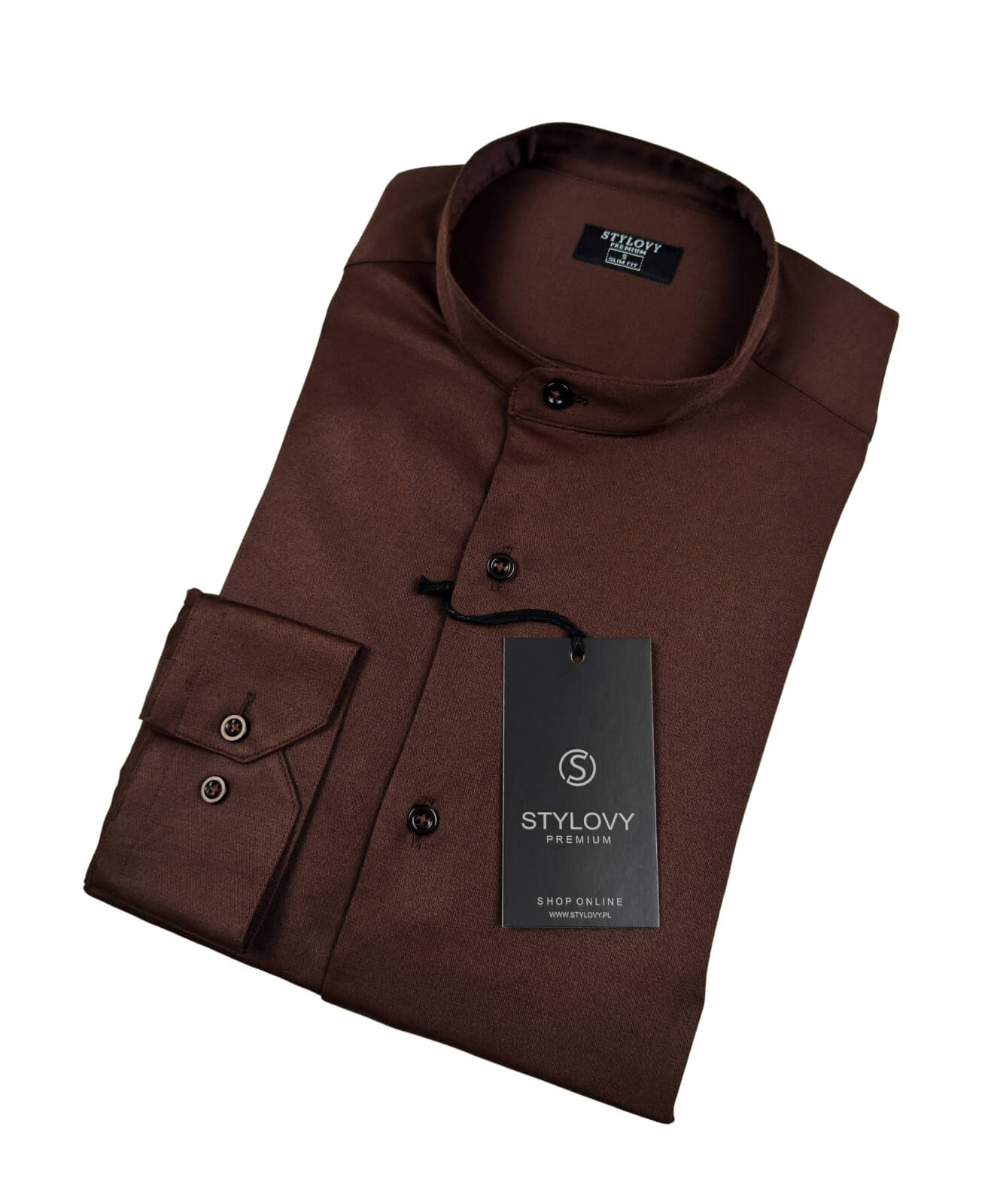 Brązowa koszula męska slim fit czekoladowa ze stójką Rs-1130