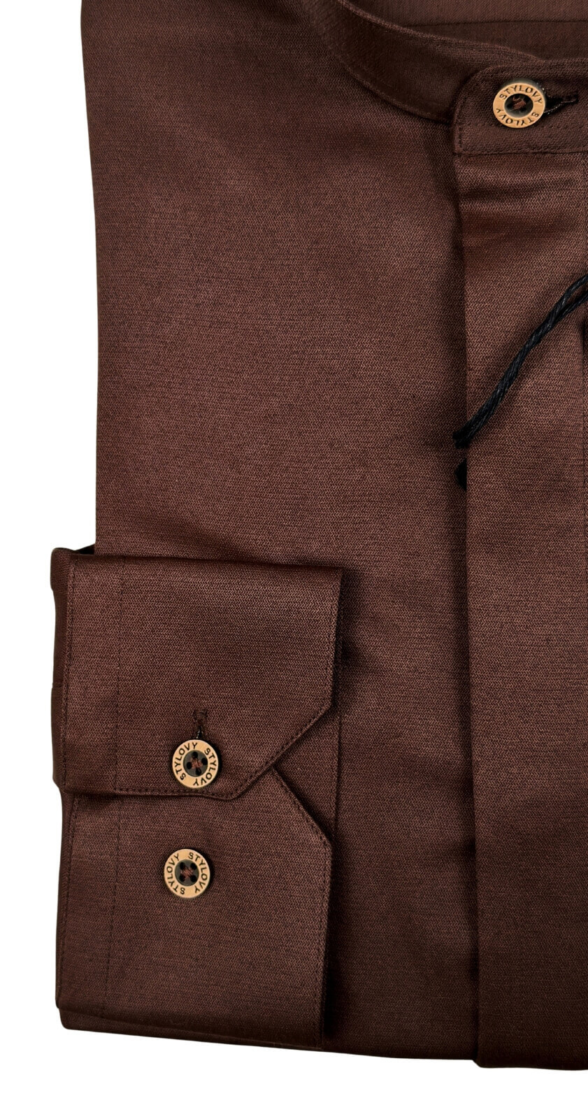 Brązowa koszula męska slim fit czekoladowa ze stójką z zakrytymi guzikami 1961