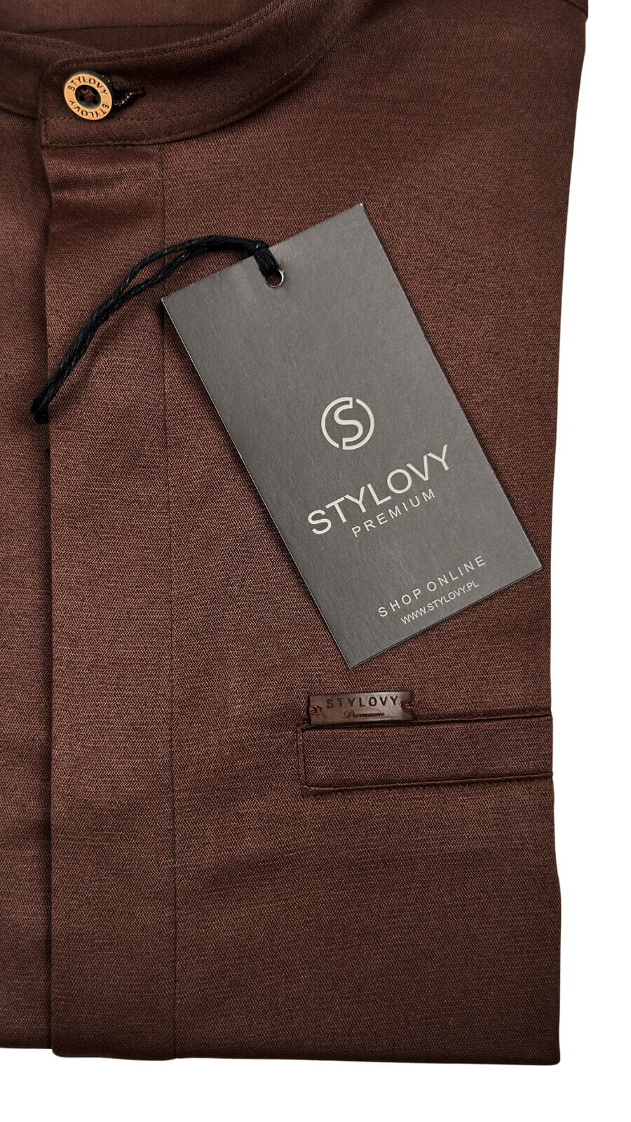 Brązowa koszula męska slim fit czekoladowa ze stójką z zakrytymi guzikami 1961