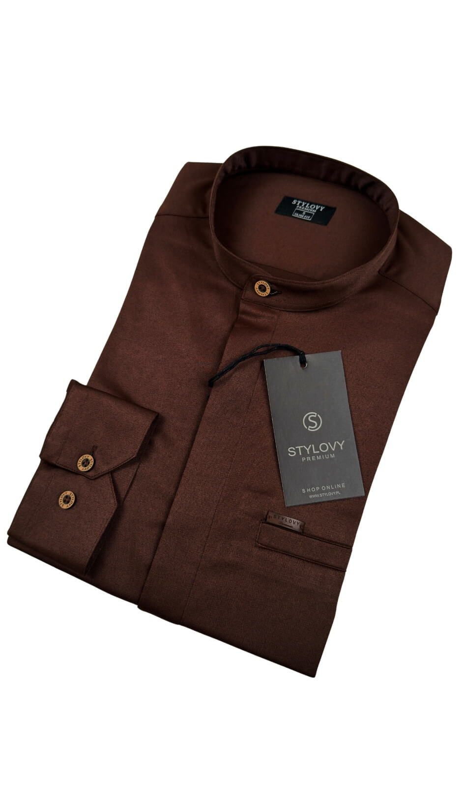 Brązowa koszula męska slim fit czekoladowa ze stójką z zakrytymi guzikami 1961