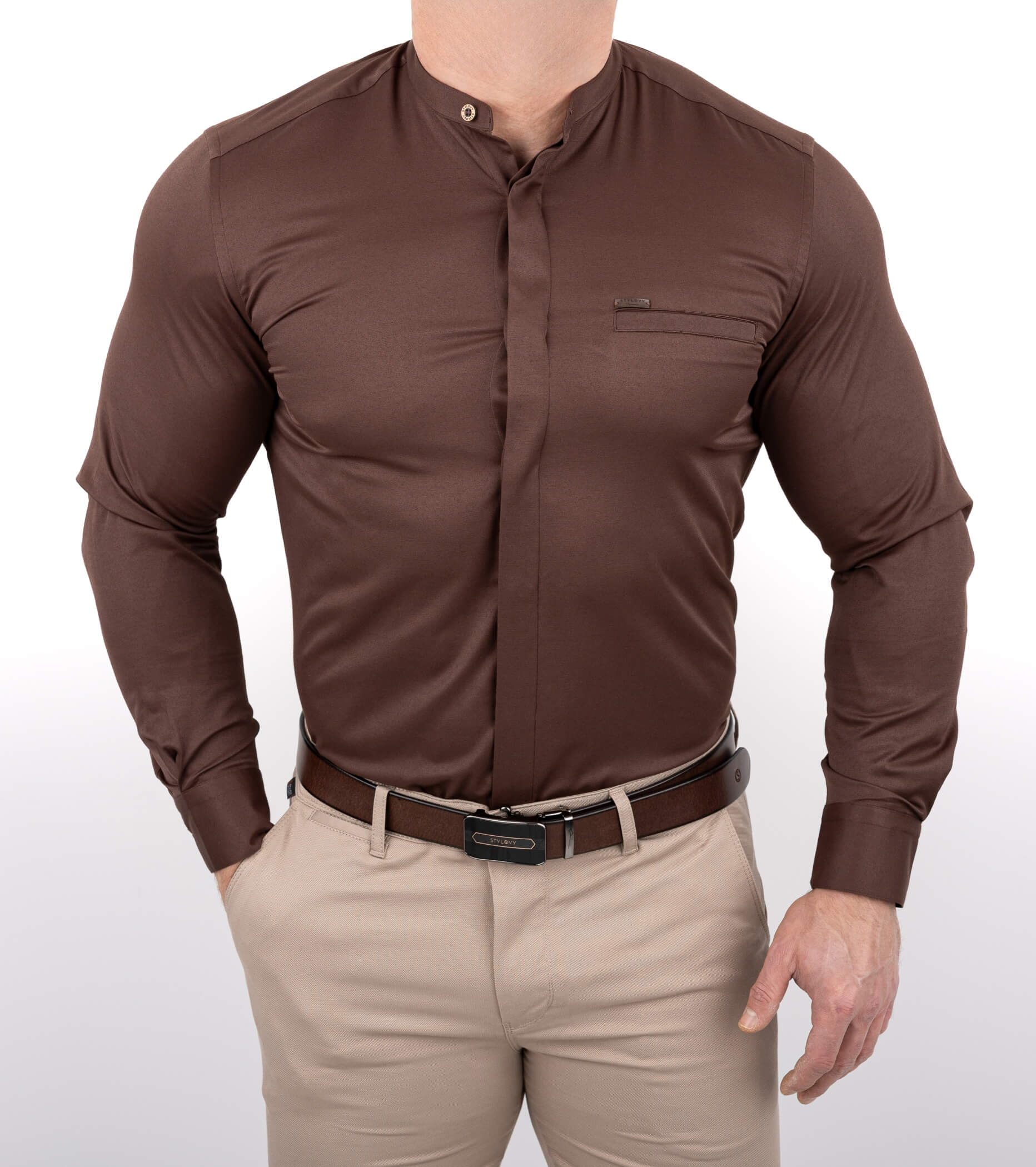 Brązowa koszula męska slim fit czekoladowa ze stójką z zakrytymi guzikami 1961