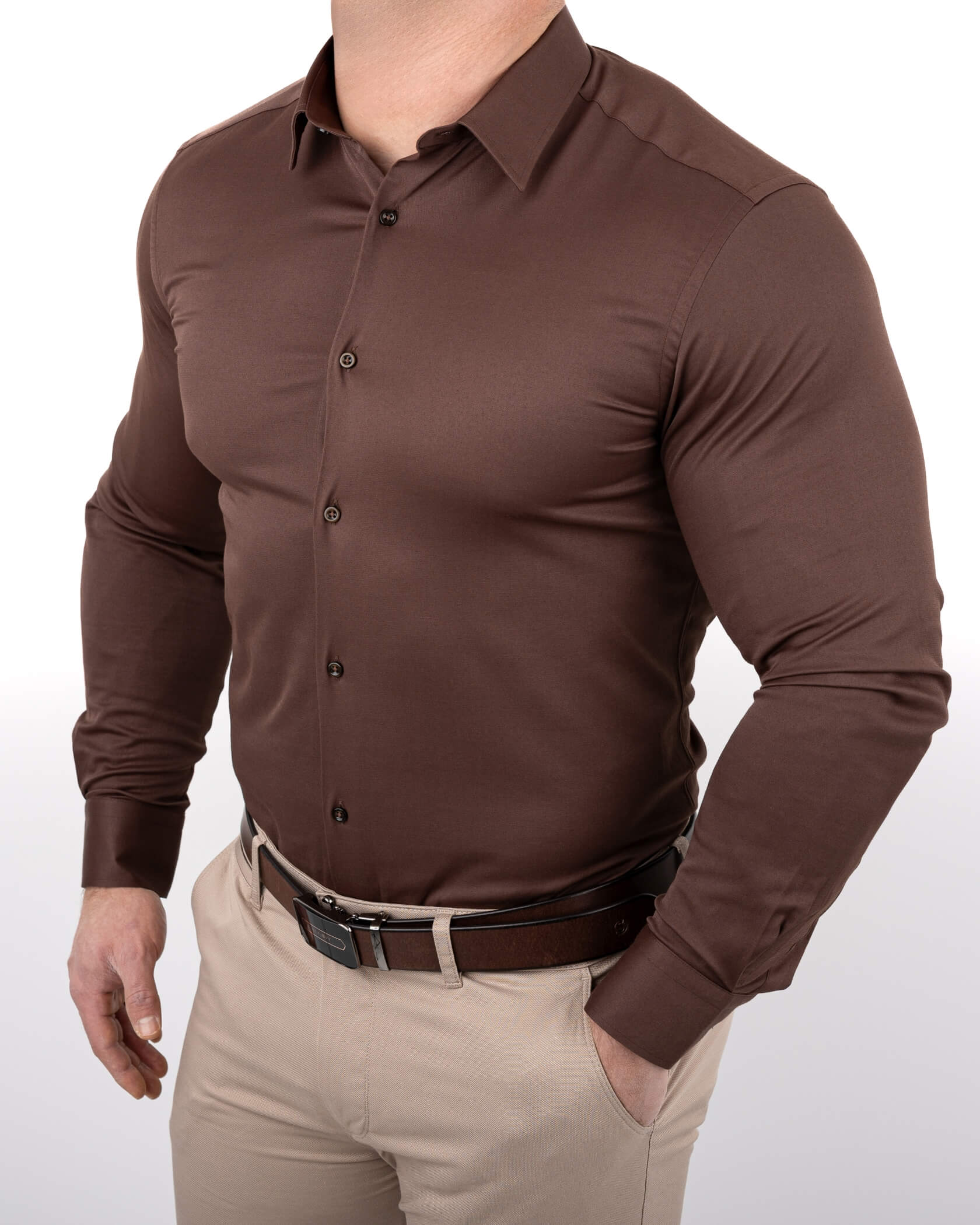 Brązowa koszula męska z kołnierzem czekoladowa slim fit RS-1000