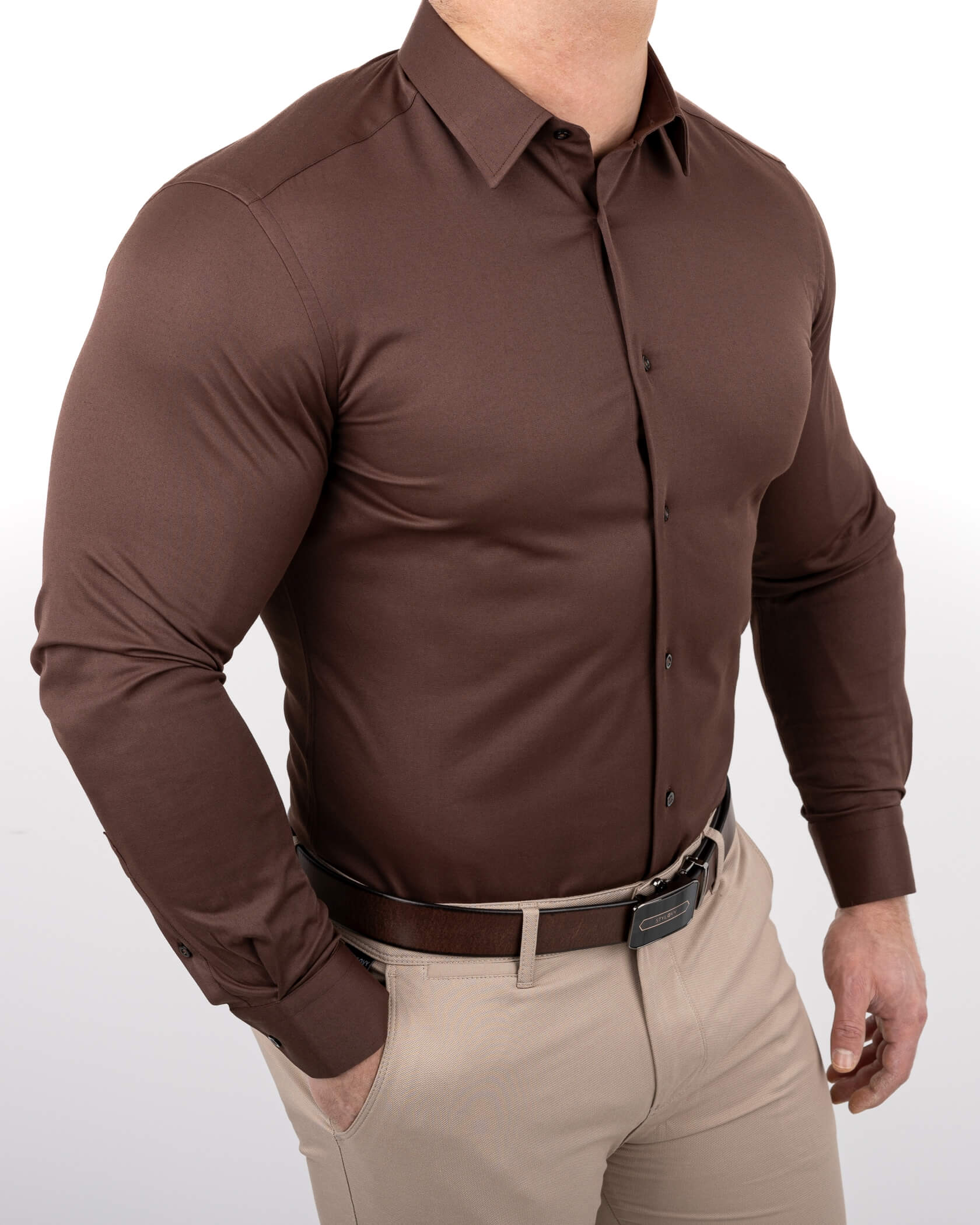 Brązowa koszula męska z kołnierzem czekoladowa slim fit RS-1000