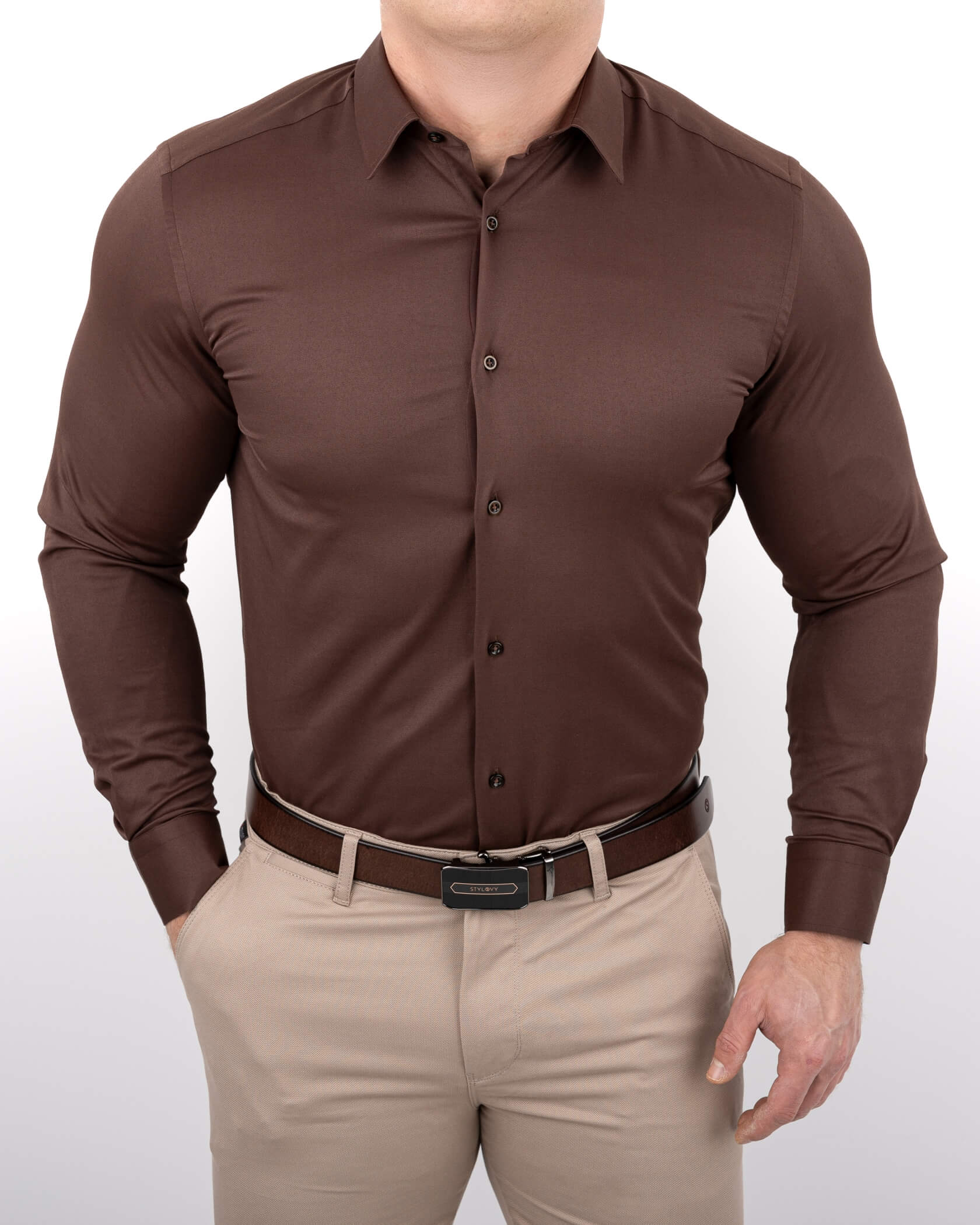 Brązowa koszula męska z kołnierzem czekoladowa slim fit RS-1000