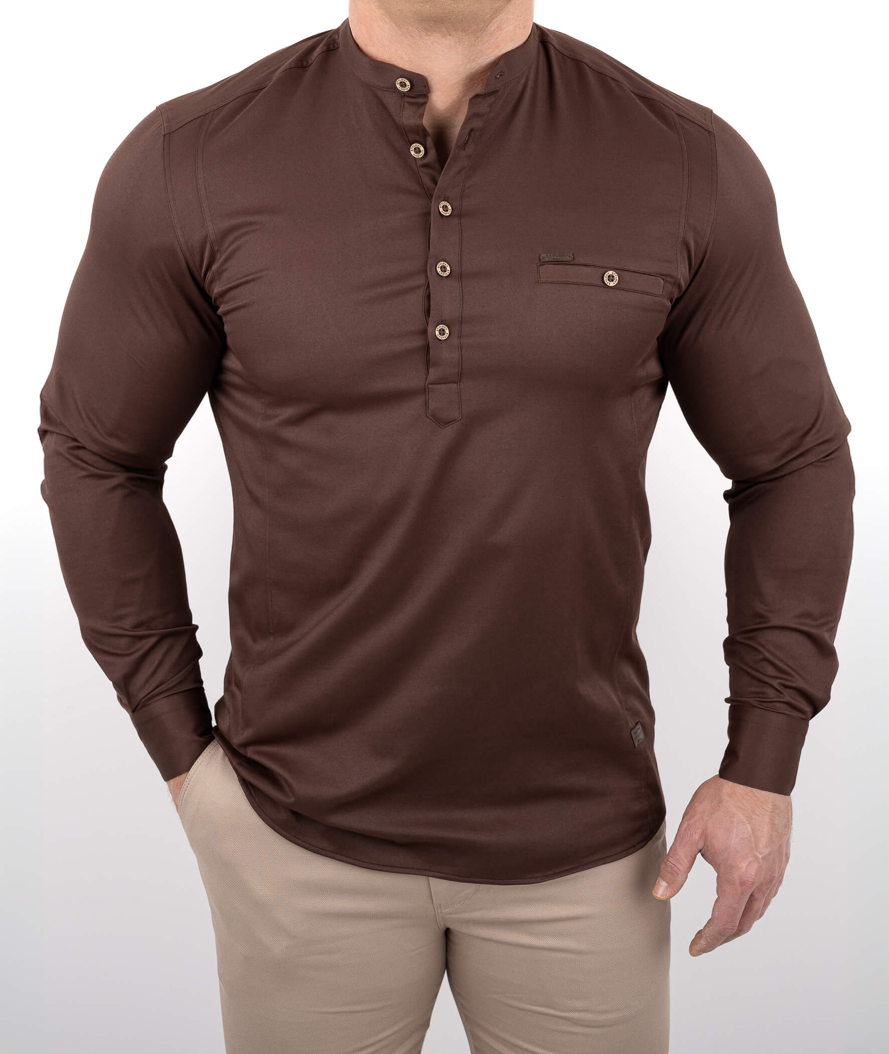 Brązowa koszula męska slim fit czekoladowa ze stójką 1966
