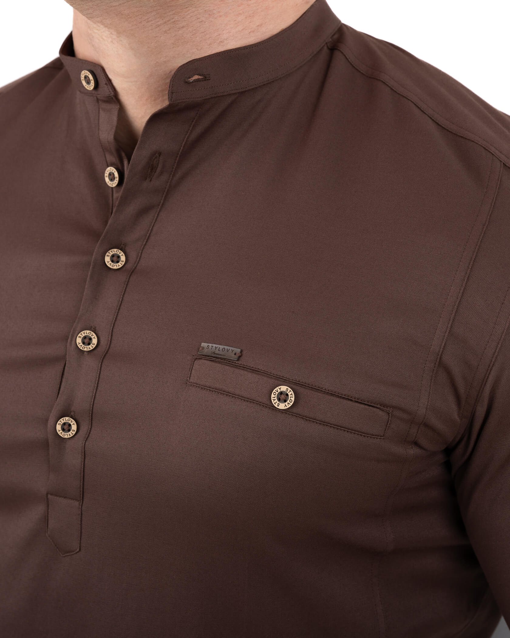 Brązowa koszula męska slim fit czekoladowa ze stójką 1966