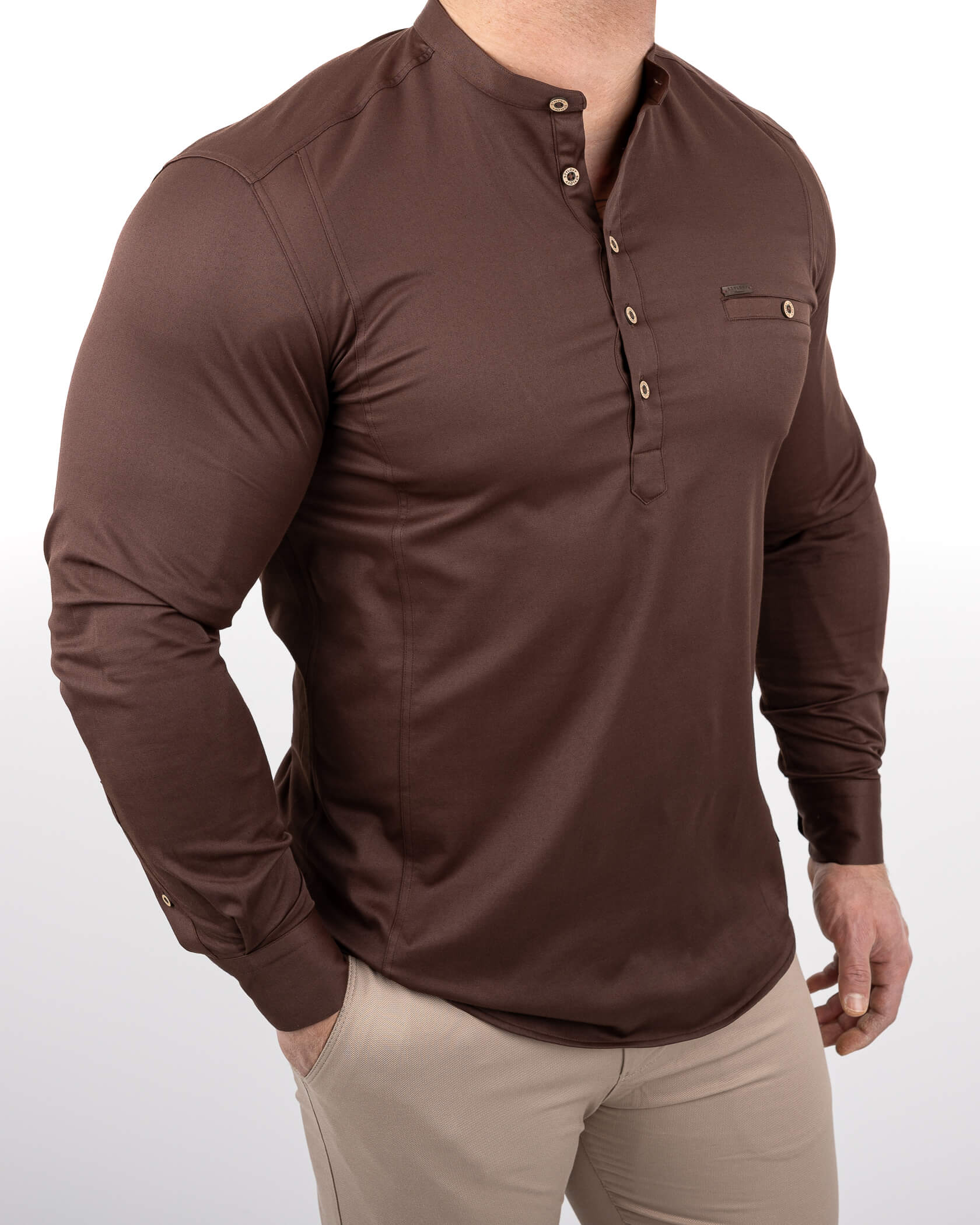 Brązowa koszula męska slim fit czekoladowa ze stójką 1966
