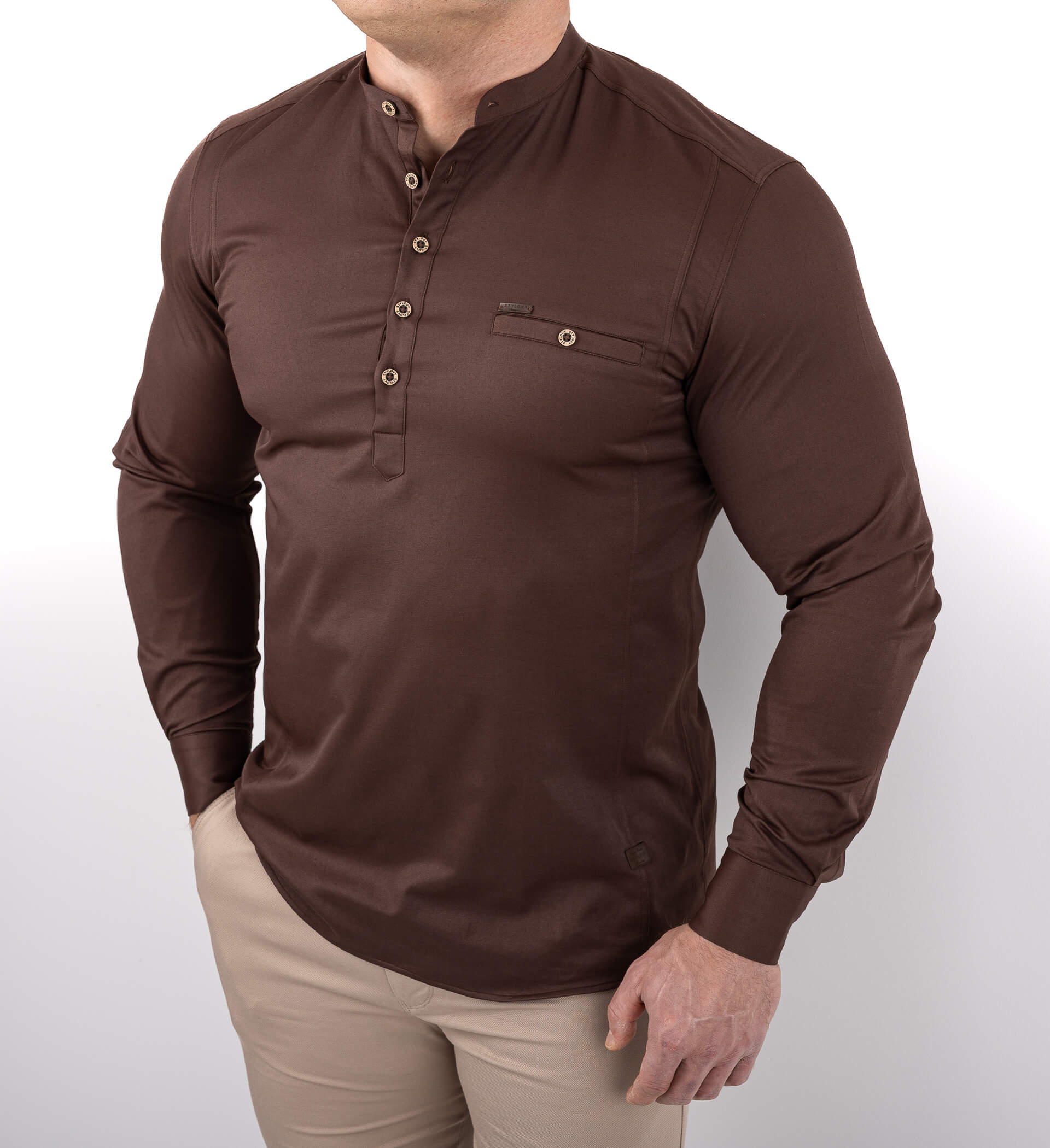Brązowa koszula męska slim fit czekoladowa ze stójką 1966