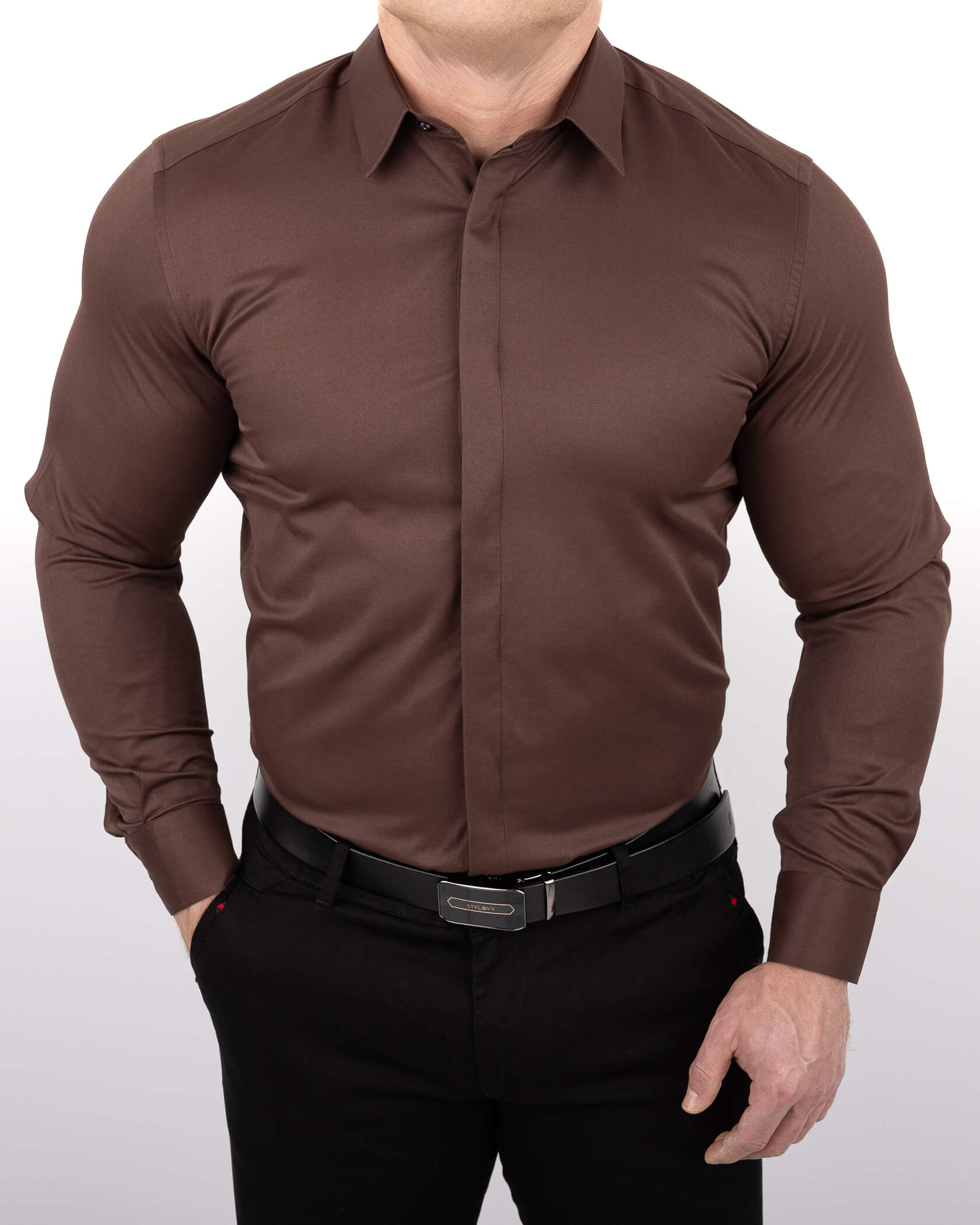 Brązowa koszula męska z kołnierzem czekoladowa slim fit z kryta plisą RS-1070