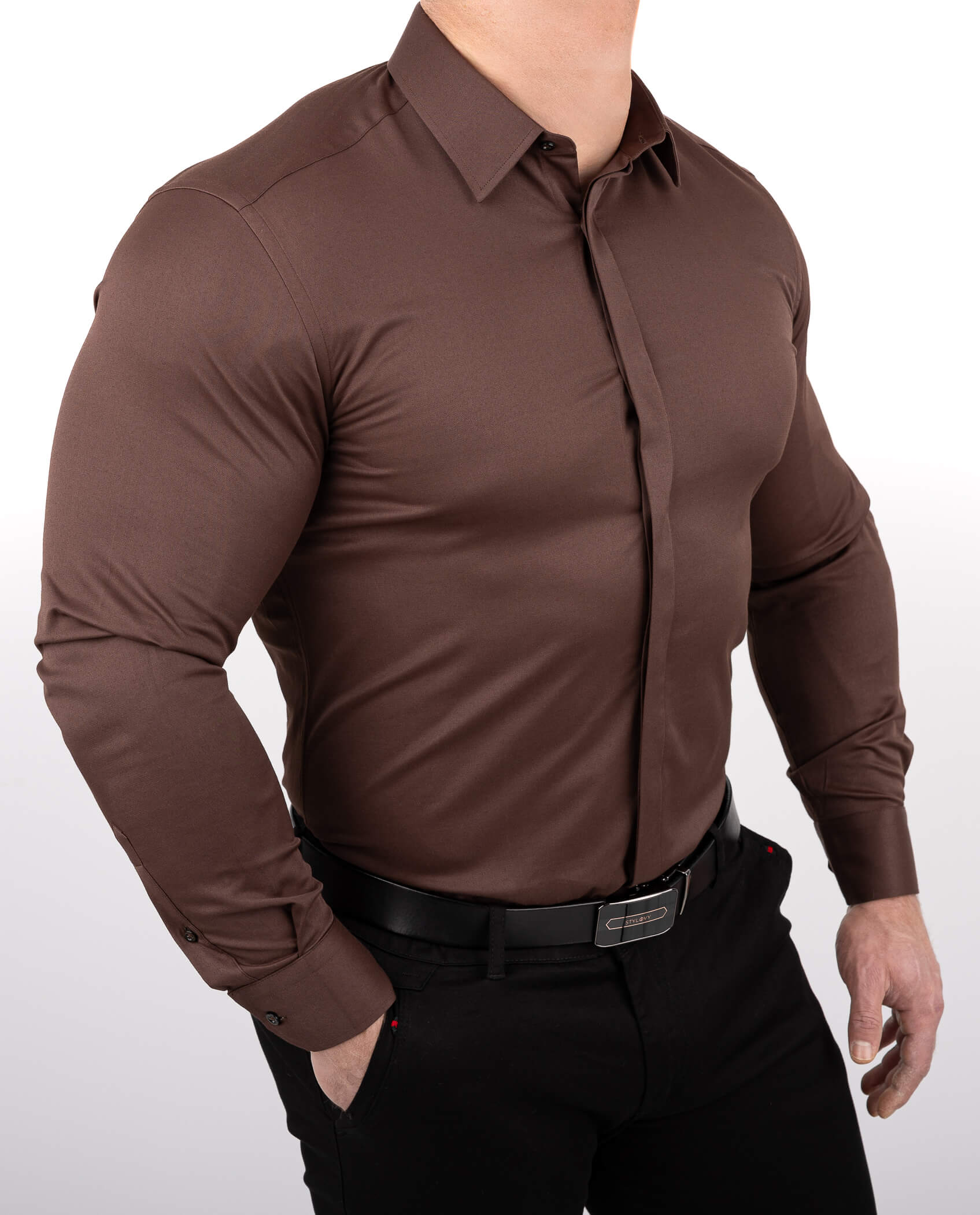 Brązowa koszula męska z kołnierzem czekoladowa slim fit z kryta plisą RS-1070