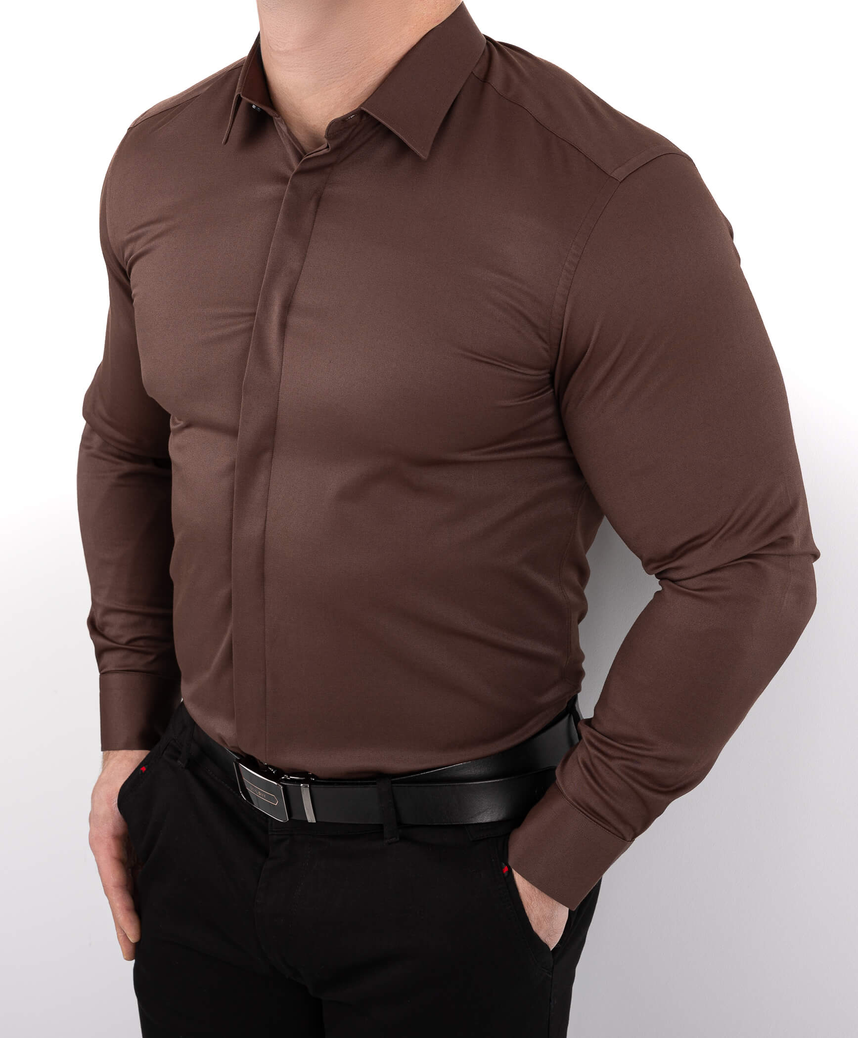 Brązowa koszula męska z kołnierzem czekoladowa slim fit z kryta plisą RS-1070