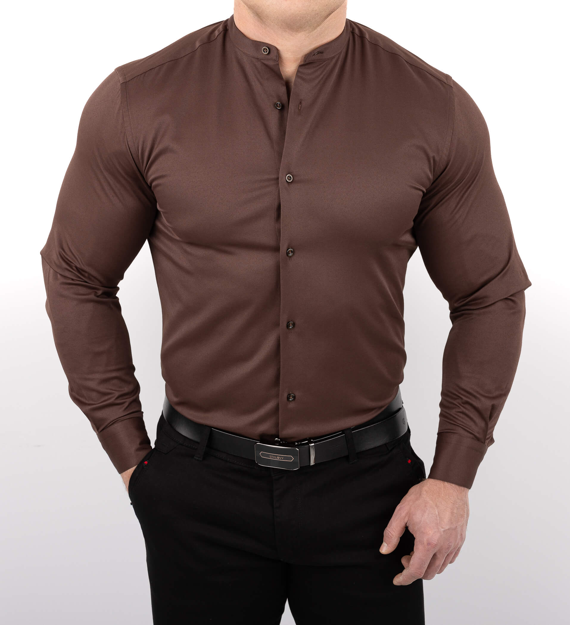 Brązowa koszula męska slim fit czekoladowa ze stójką Rs-1130