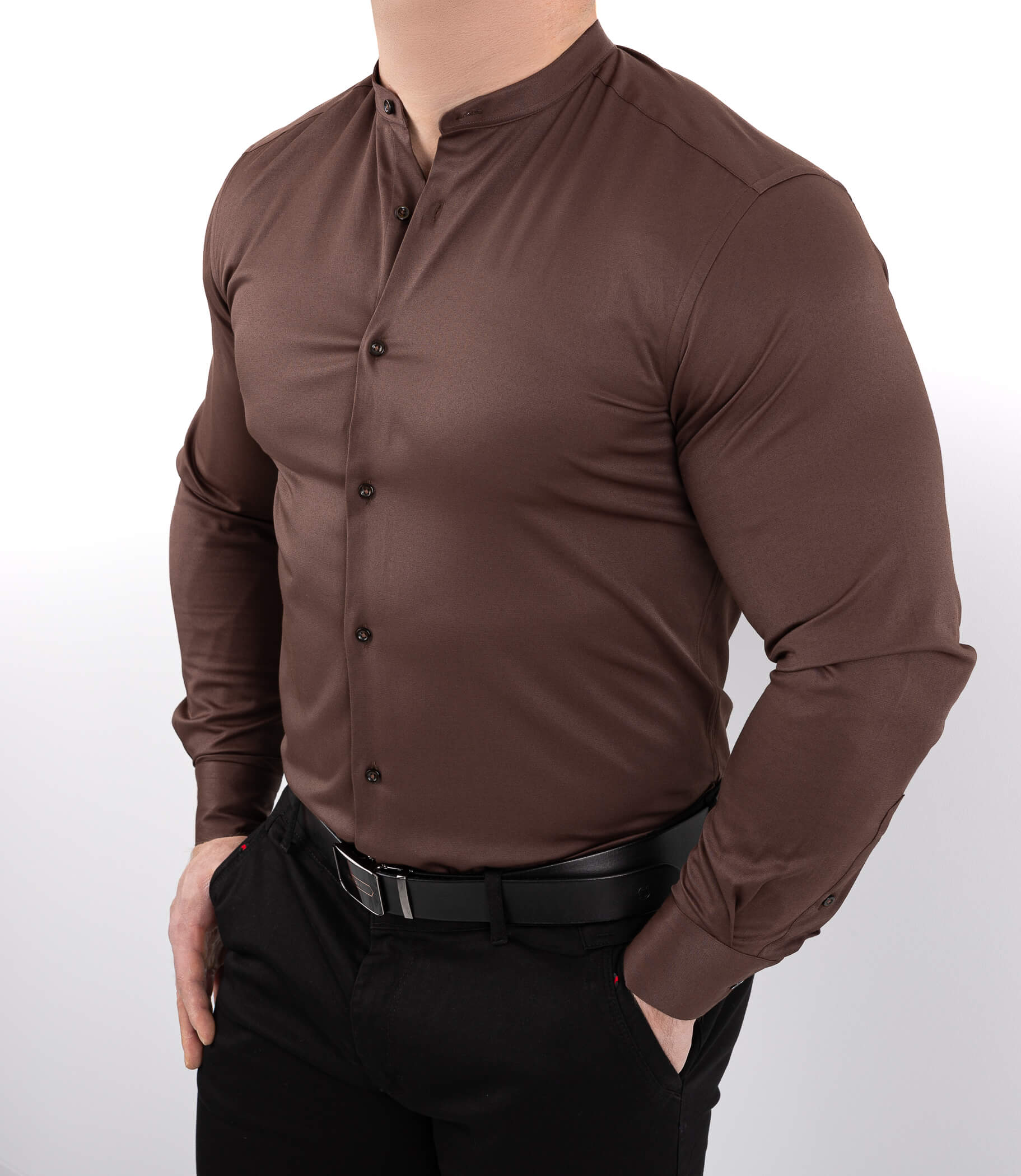 Brązowa koszula męska slim fit czekoladowa ze stójką Rs-1130
