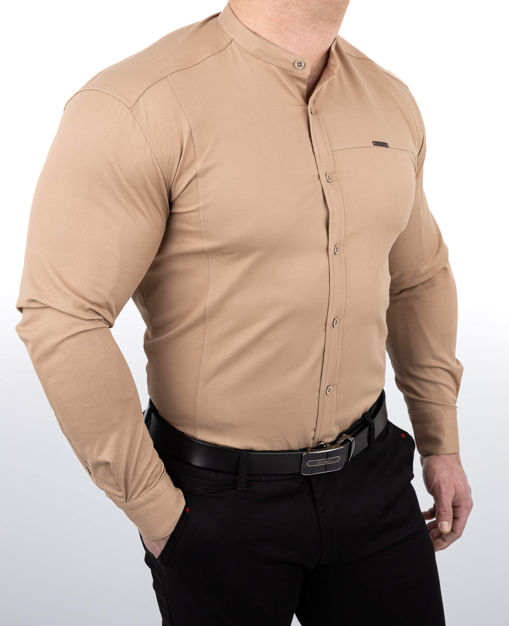 Koszula męska beżowa ze stójką slim fit Stylovy 1963S