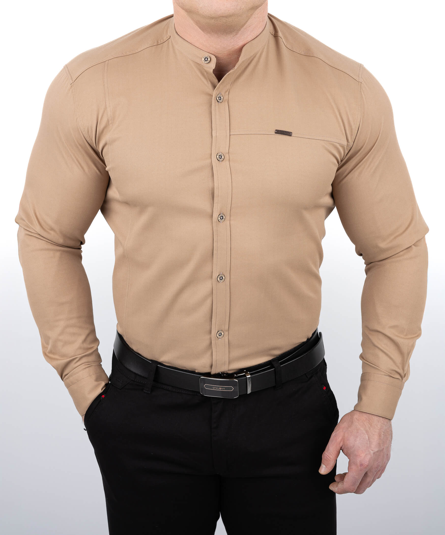 Koszula męska beżowa ze stójką slim fit Stylovy 1963S